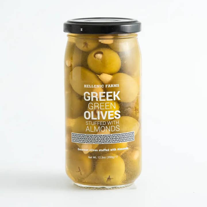 Almond Stuffed Greek Olives, Hellenic Farms 12.3 oz for wholesale by Gourmet Food Solutions, Inc.