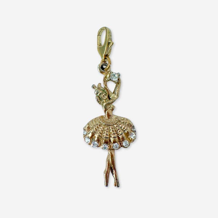 Pendentif ballerine vintage en or atténué avec strass transparents pour la vente par Lulu’s Petals