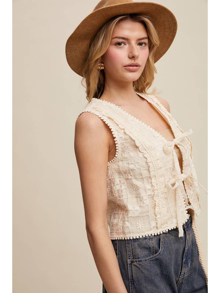 Listicle - Wholesale Outerwear Vest - Women’s - Embroidered Lace Tie-Front Vest LVT00930