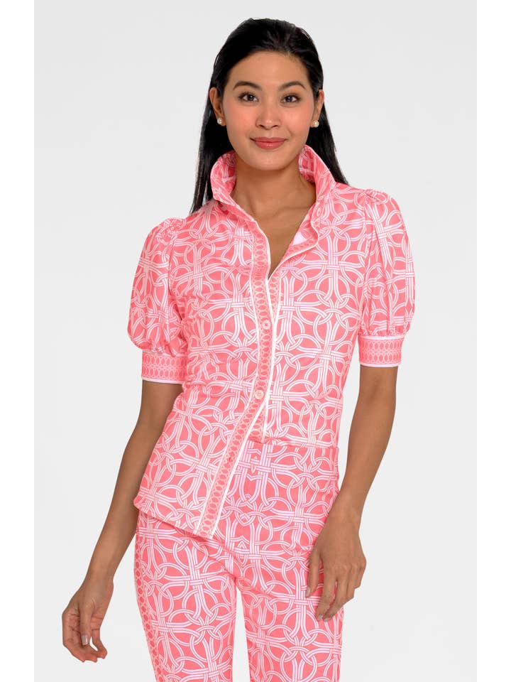 Gretchen Scott LLC - Wholesale Button Down Shirt - Women's - Puff Sleeve Top - Ring Toss