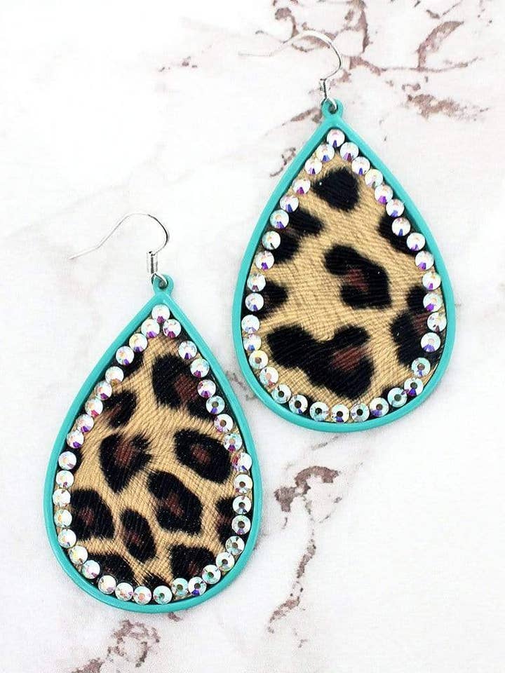 Turquoise Crystal Trim Leopard Teardrop Earrings for wholesale by Wild Feathers