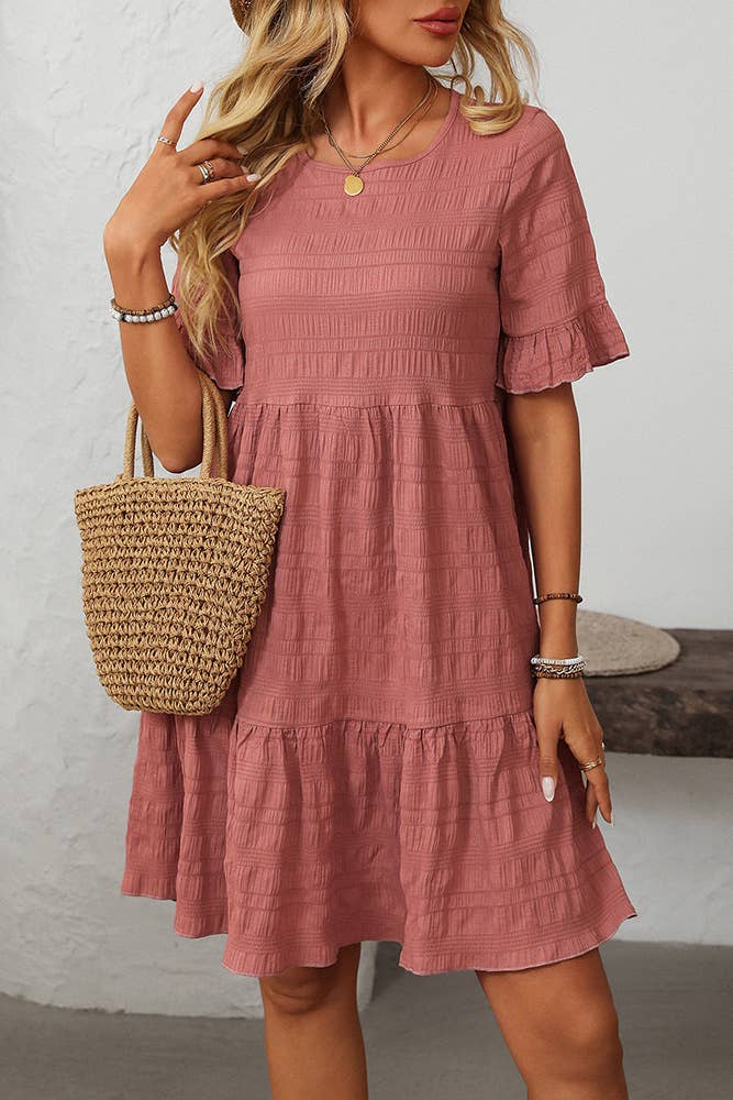 UNISHE – Vestido - Mulher por atacado – Vestido Fluido de Cor Sólida com Manga Curta Solta MD16116