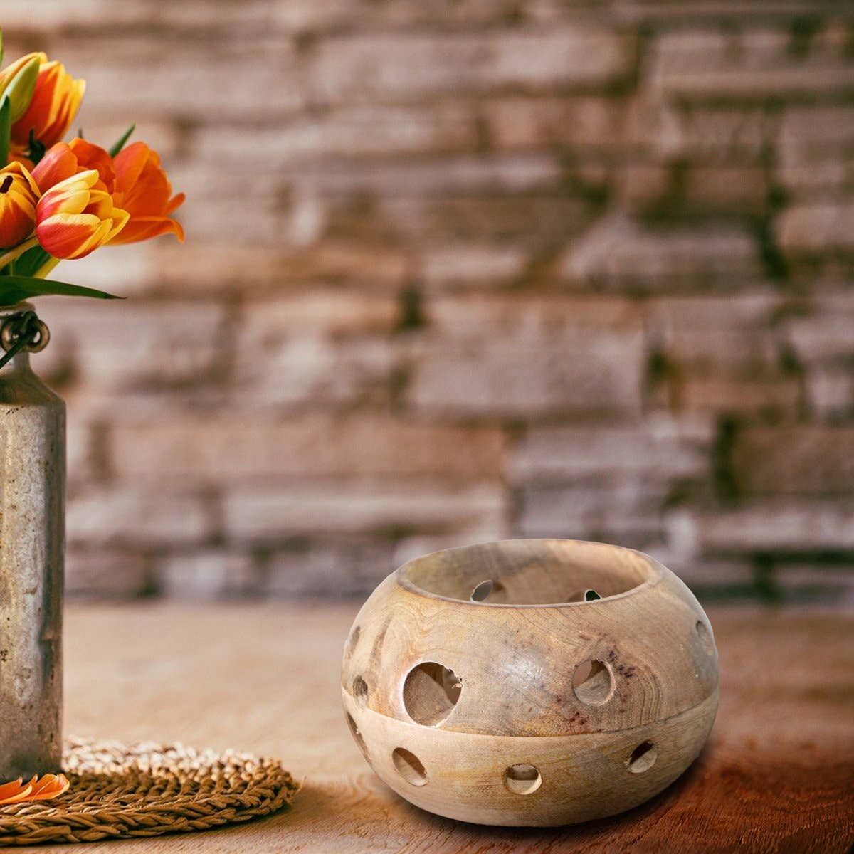 Antikas - Wholesale Candle Holder - tealight holder round wood brown Flach0