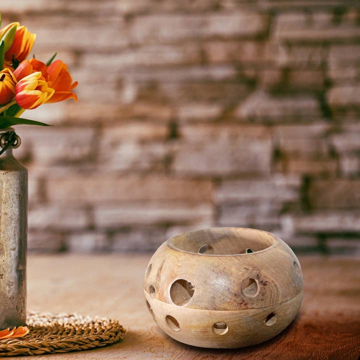 Antikas - Wholesale Candle Holder - tealight holder round wood brown Flach