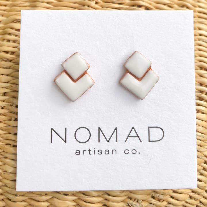 Double Square White Ceramic Stud Earring for wholesale by Nomad Artisan Company