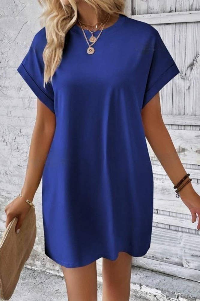 UNISHE - Wholesale Dress - Women's - Plain Fold Cuff Pockets Round Neck T-Shirt Dress ZK133320