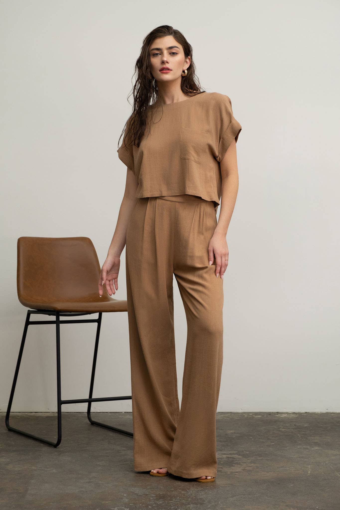 Blu Pepper - Vendita all'ingrosso Pantalone - Donna - Pantaloni a gamba ampia plissettati in lino con vita alta4