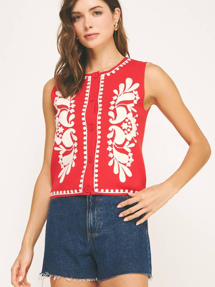 Broderet ærmeløs strikket vesttop for engroshandel hos Strut & Bolt