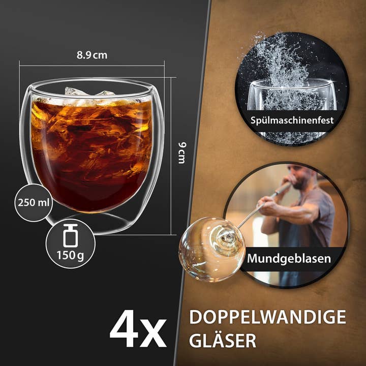 Biomatea - Wholesale Cocktail/Liquor Glass - 4x 250ml double-walled latte macchiato, tea glasses with floating effect1