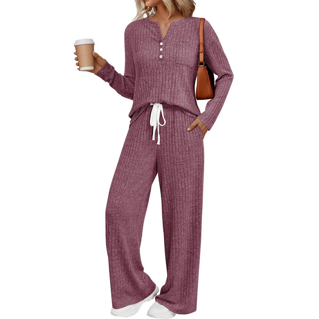UNISHE - Vente Ensemble de vêtements d'intérieur – femme - Ensemble de pyjama à manches longues côtelées avec boutons et pantalon AXY03917