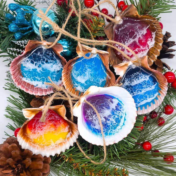 JEMS of the Sea - Wholesale Ornament - Real Scallop Seashell Christmas Ornaments-Resin Ocean Waves