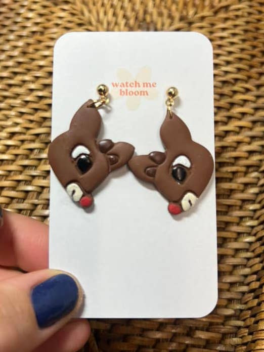 Boucles d'oreilles Rudolph Christmas en argile polymère faites à la main pour la vente par Watch Me Bloom