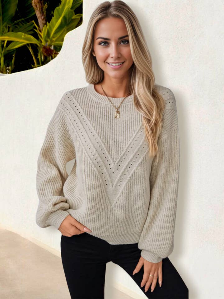 Chevron Knit Sweater Long Sleeve V-Pattern Pullover for wholesale by Anna Kaci Wholesale