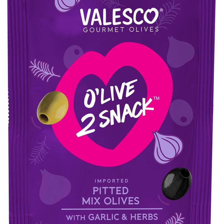 Pitted Mix Oliven m/Hvidløg & Urter-O'Live2Snack- 3 oz Pouch for engroshandel hos VALESCO