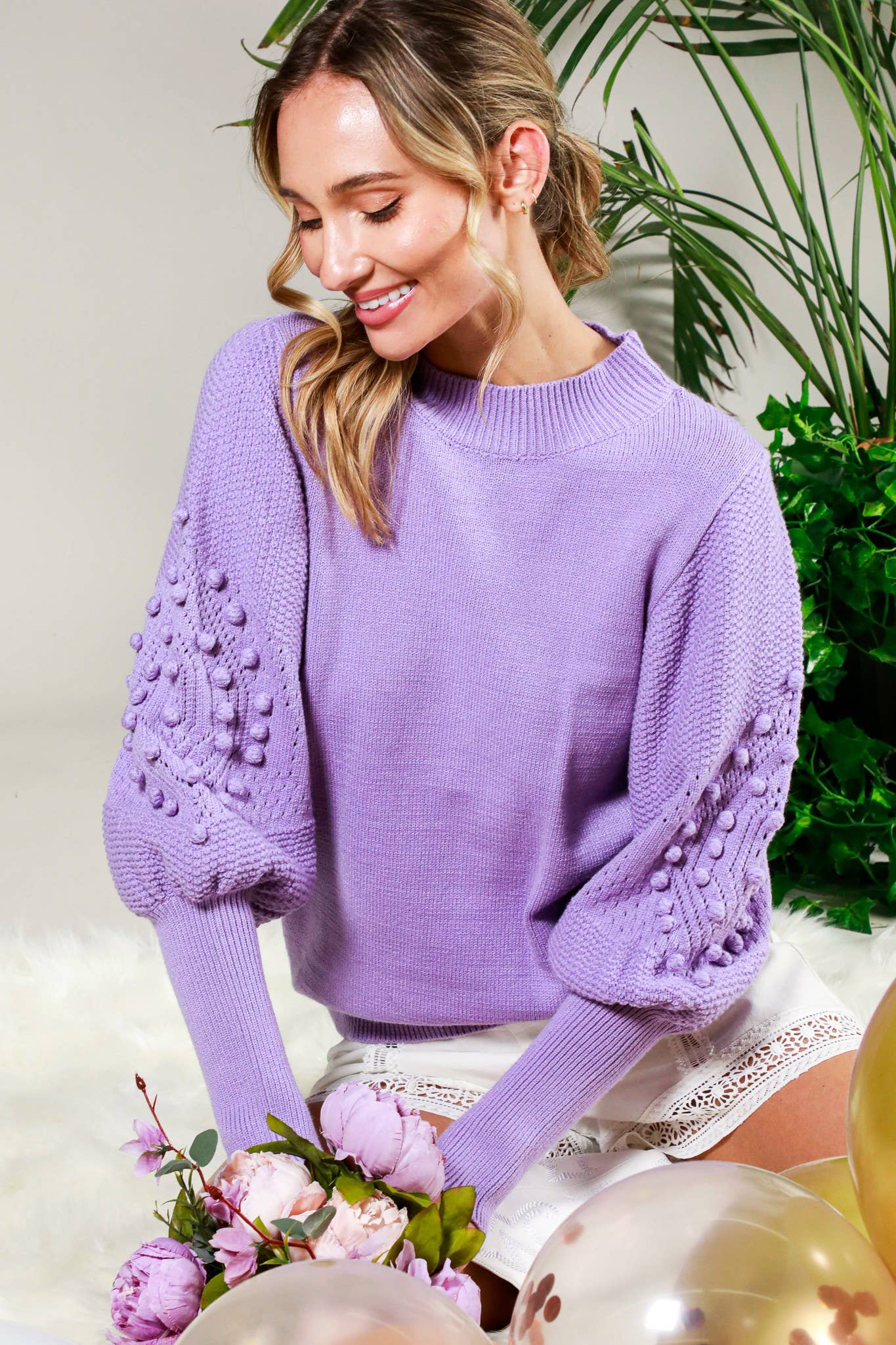 Vine & Love - Wholesale Knit Sweater - Women's - Round Neck Pom Pom Balloon Long-Sleeve Knit Sweater VT703449