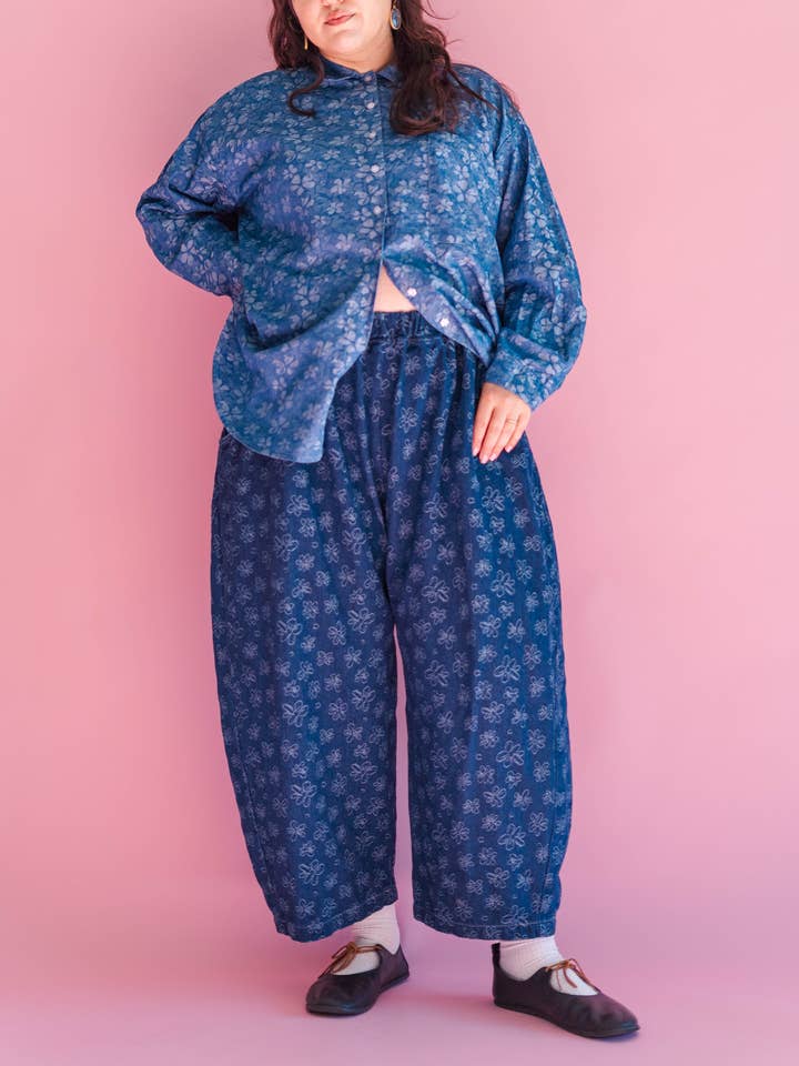 Size Inclusive Gender Neutral Dark Daisy Denim Balloon Pant for wholesale by Nettle Studios