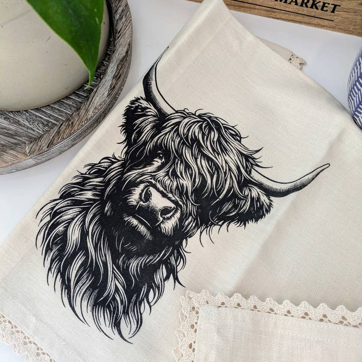 Tea Towel/ Highland Cow/ Linen/ Kitchen Decor for wholesale by Your Green Kitchen