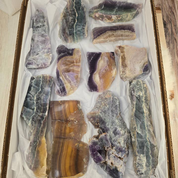11 peças de placas de fluorite com bandas ~ Cristais polidos a granel por atacado de Aquamarine Daydream Wholesale