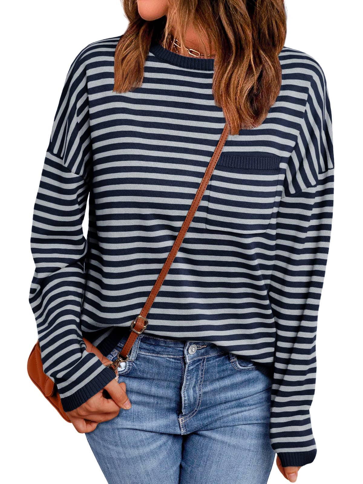 HIDDENBRAND - Wholesale Knit Sweater - Women's - Fashion Color-Block Striped Long-Sleeve Top5