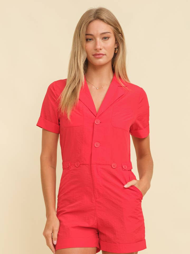 CR11944 - BUTTON UP SHORT SLEEVE ROMPER for wholesale by Cloud Ten