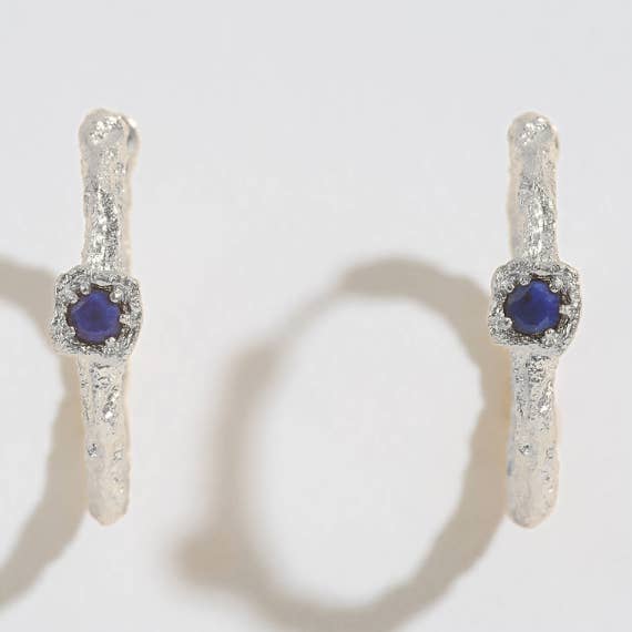 Lapis Lazuli Lichen Branch Silver Medium Hoops for wholesale by Claire Hill Designs