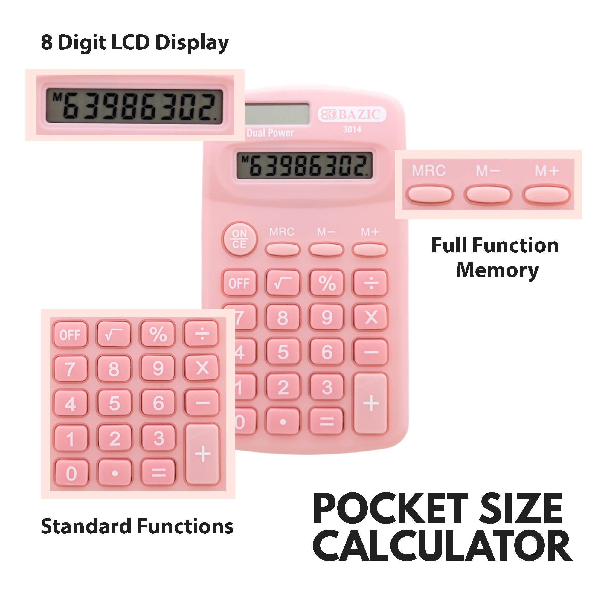 BAZIC Products - Wholesale Calculator - Pocket Size Pastel Calculator 8-Digit Dual Power3