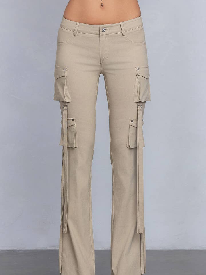 Stretchy woven low rise flared cargo pants for wholesale by No Vacancy