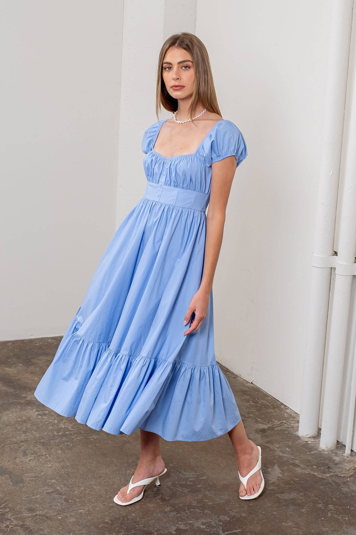 Moon River - Wholesale Dress - Women's - SQUARE NECK BUTTON DETAIL MIDI DRESS4