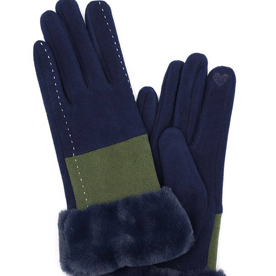 3AM BY H&D ACCESSORIES - Wholesale Gloves - Women's - Two Tone And Stitch Lines Faux Fur Cuff Smart Touch Gloves1