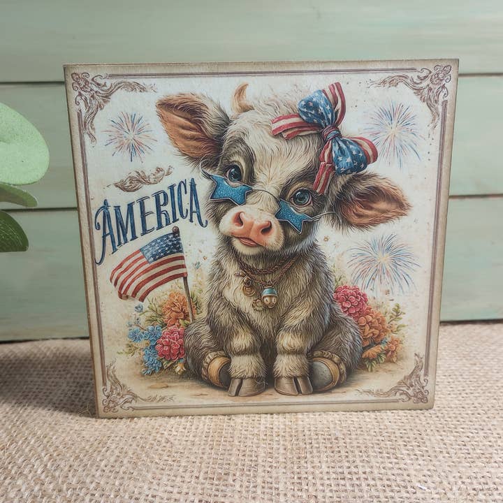 Highland Cow America Wood Block Sign - C for wholesale by Bluegrass Burlap Co