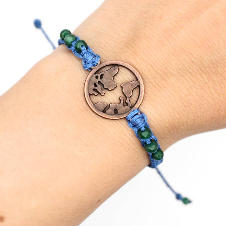 Globe Charm Bracelet with Emeralds (Adjustable) for wholesale by Born to Roam Trading Post