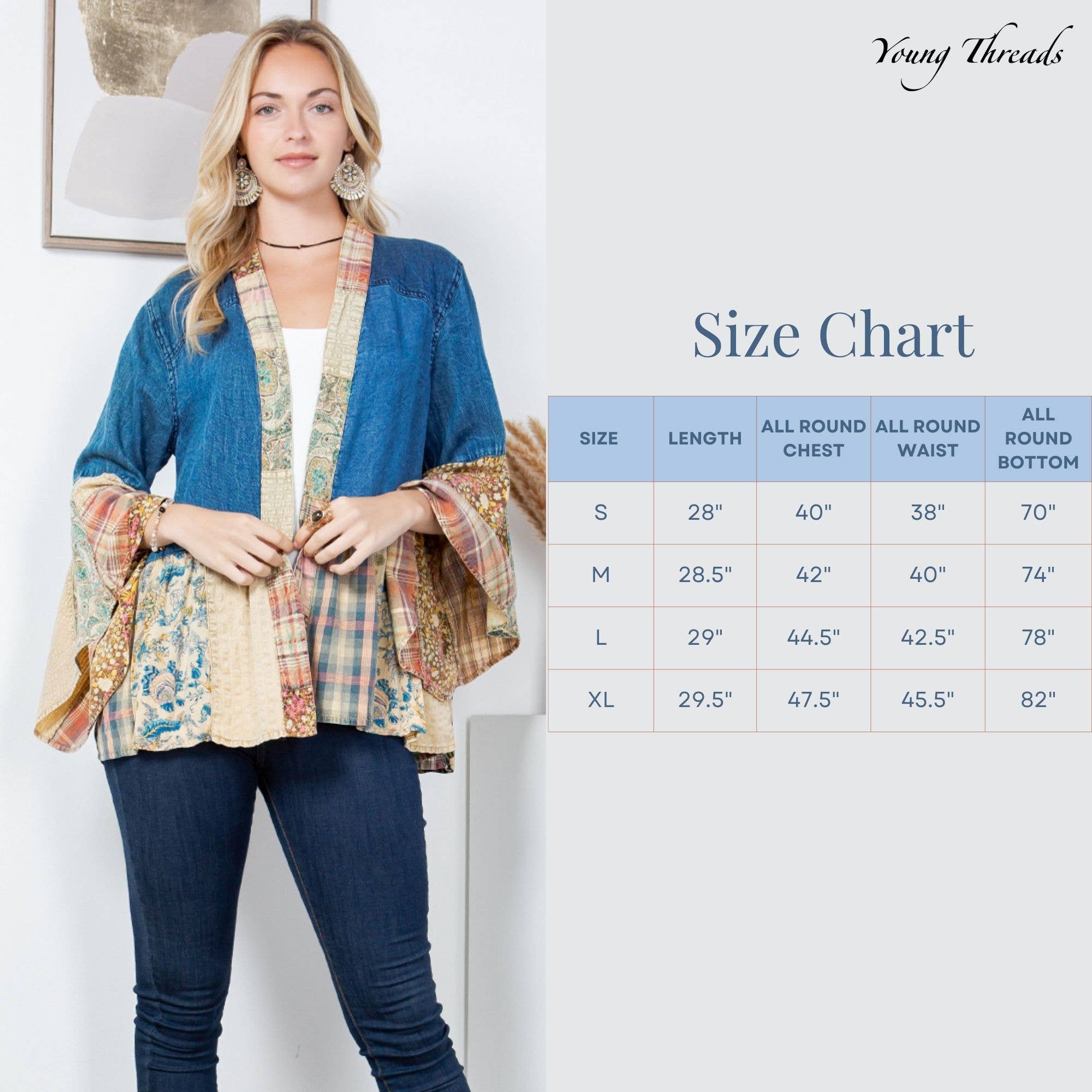 Young Threads - Wholesale Kimono - Women's - Western Boho Lace & Denim Patchwork Kimono Top NEW7
