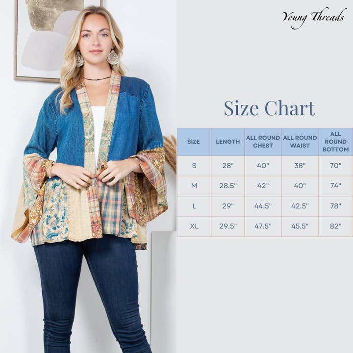 Young Threads - Wholesale Kimono - Women's - Western Boho Lace & Denim Patchwork Kimono Top NEW7