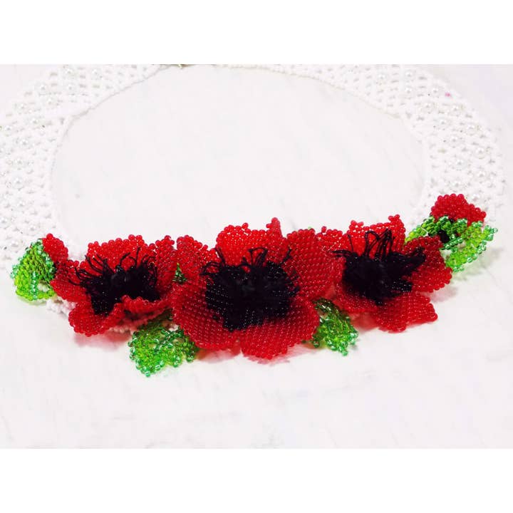 Ninolia - Venta al por mayor Collares de cuentas/perlas - Collar de 3 flores de amapola roja, pieza llamativa, collar de flor roja grande, joyería natural