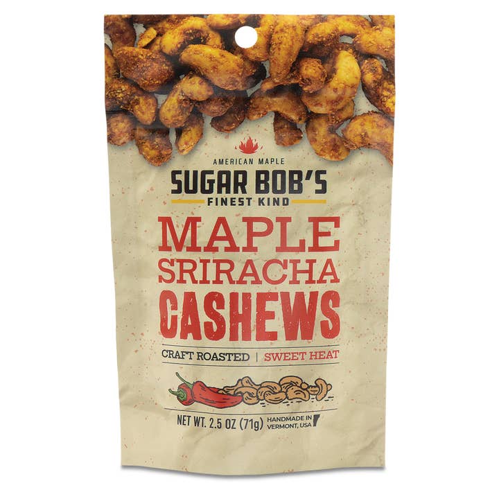 Maple Sriracha Cashews NET WT. 2.5oz for wholesale by Sugar Bob's Finest Kind