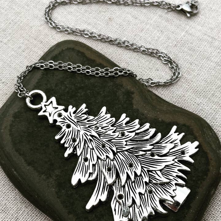 Large Silver Statement Christmas Tree Necklace for wholesale by Tiger Flower Jewelry