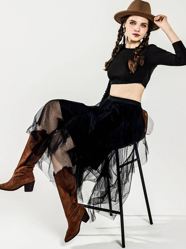 noflik - Wholesale Rok - Dames - Waterval PolkaDot Tule Mesh Ruffle Midi Rok- INS1009_9