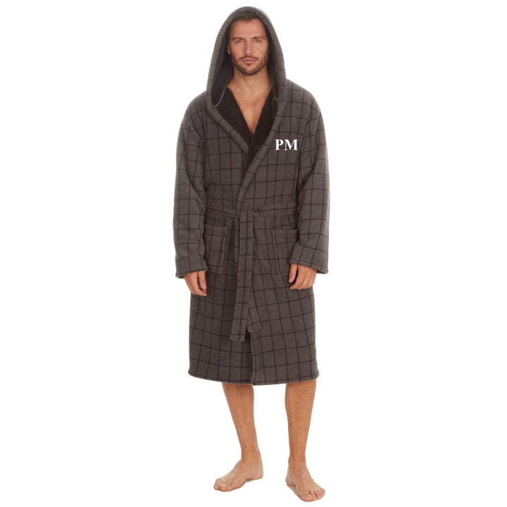 Charcoal Black Mens Personalised Check Bonded Dressing Gown for wholesale on Faire1