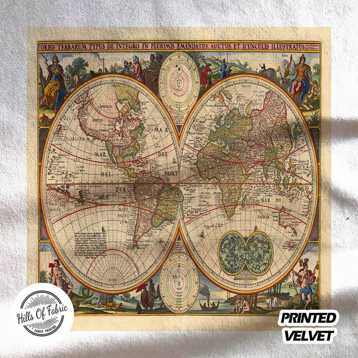 Vintage verdenskort trykt stofpanel for engroshandel hos Hills Of Fabric