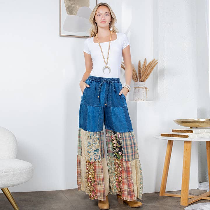 Young Threads - Wholesale Pants - Women's - Western Boho Chic: Tiered Patch Inserted Denim Pants