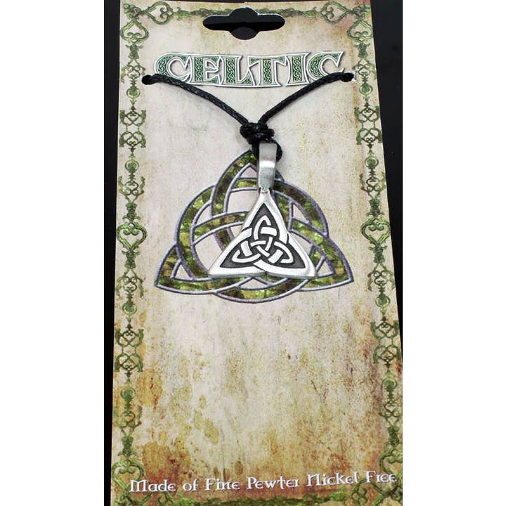 Pewter Celtic Triangle On Black Corded Necklace Carded for wholesale by Western Counties Wholesale