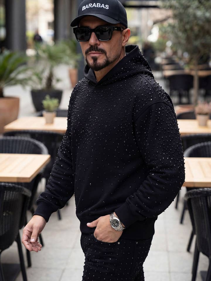 Men's Hooded Rhinestone Stretch Sweater 5HD01 for wholesale by BARABAS