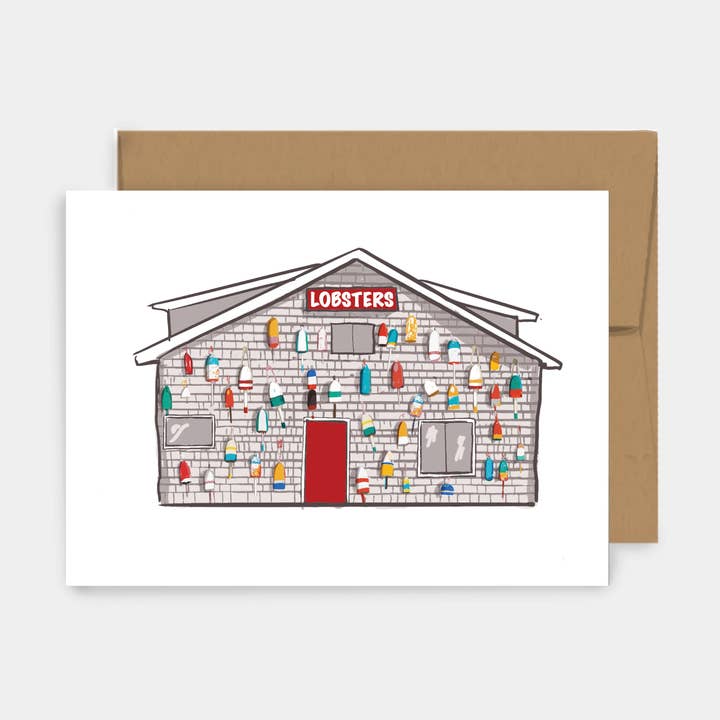 Carte de vœux Lobster Buoy Shack | Carte de vœux côtière pour la vente par Reclaimed Maine Co.