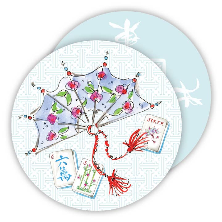 Handbemalter Mahjong-Ventilator mit Fliesen runder Untersetzer für den Großhandel von RosanneBeck Collections