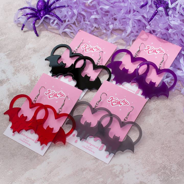 Vampira Bat Earrings Laser Cut Acrylic for wholesale by Kitschy