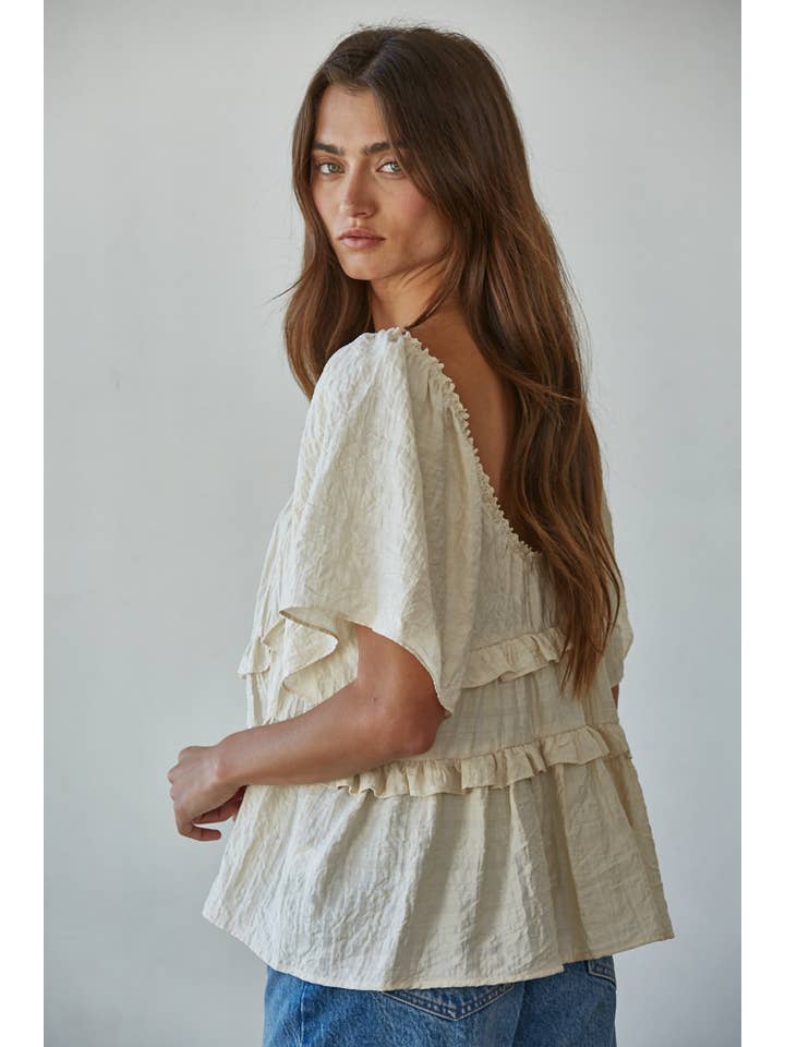 Natural L8414 | Woven Rayon Tencel V-Neck Short Cap Sleeve Blouse To for wholesale on Faire