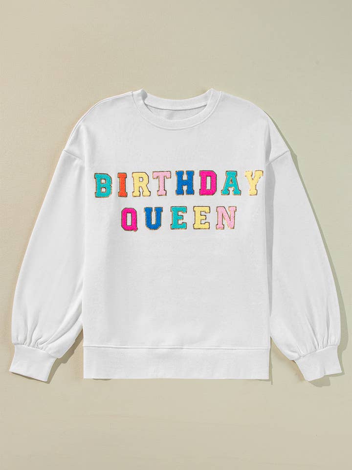 Bianco Felpa Birthday Queen con maniche a palloncino in vendita all'ingrosso su Faire
