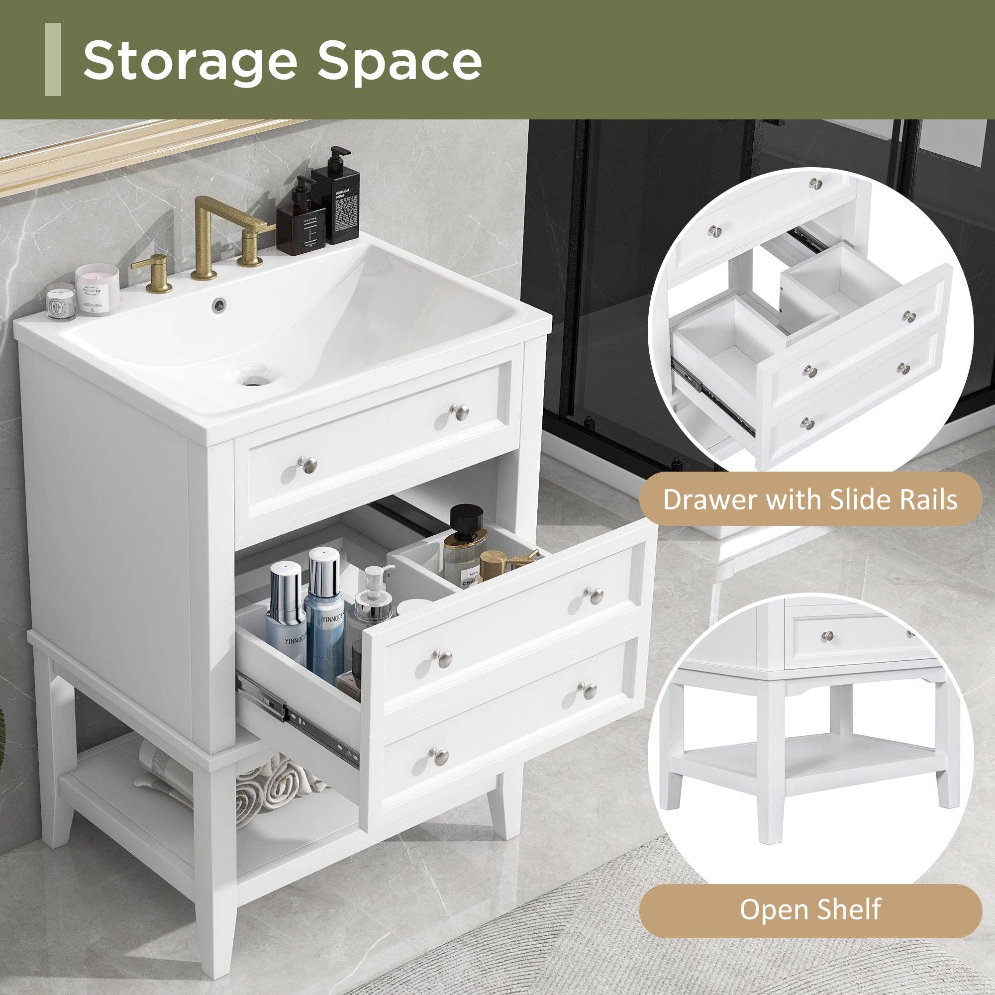 Orange County Decor - Wholesale Cabinet - 24" Bathroom Vanity With Sink, Bathroom Storage Cabinet With Drawer And Open Shelf, Solid Wood Frame, White White Solid Wood Mdf3