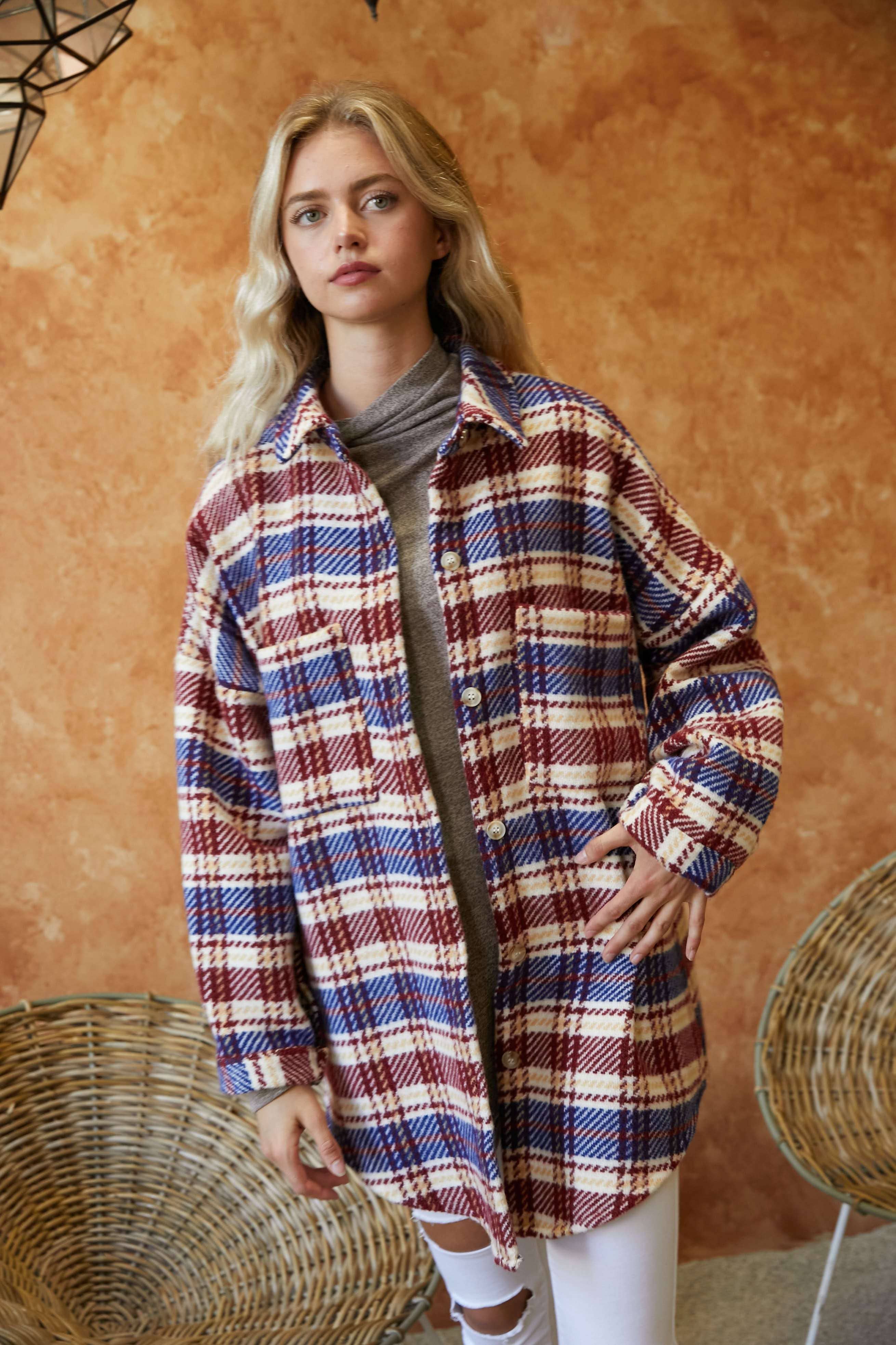 Davi & Dani - Vente Veste-chemise – femme - PLUS VESTE BOUTONNÉE À CARREAUX AVEC POCHE POITRINE9