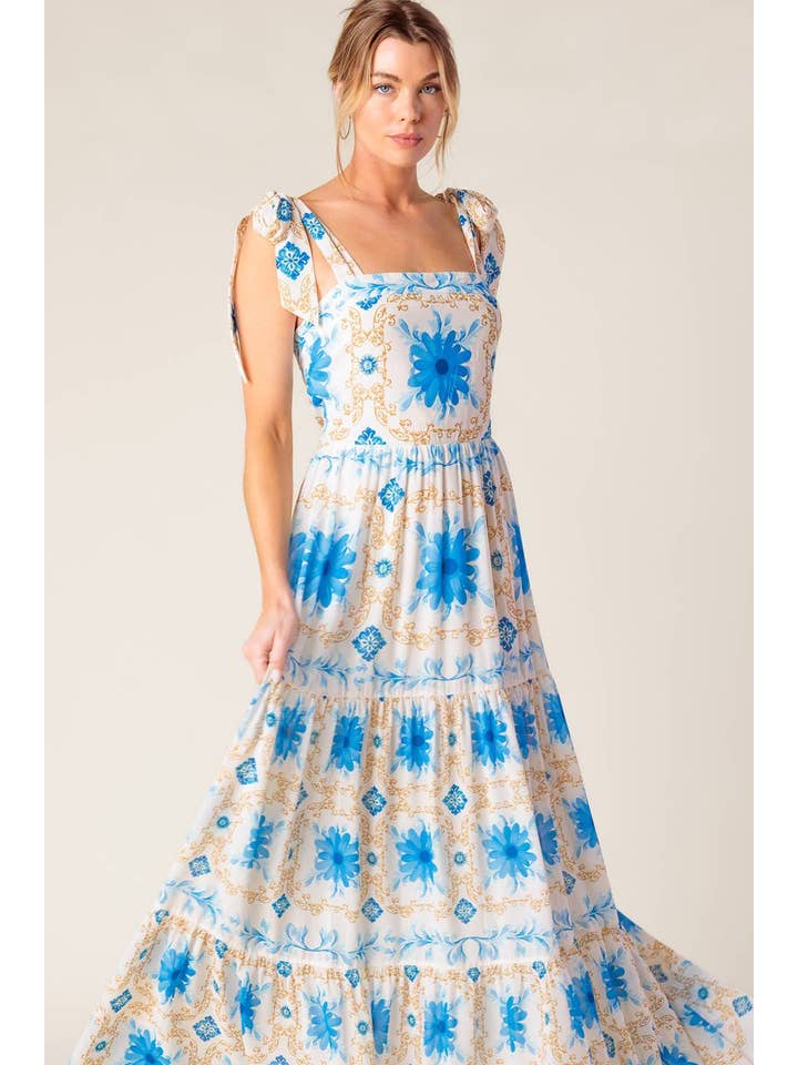 A printed woven maxi dress - ID22141 IVORY BLUE for wholesale on Faire